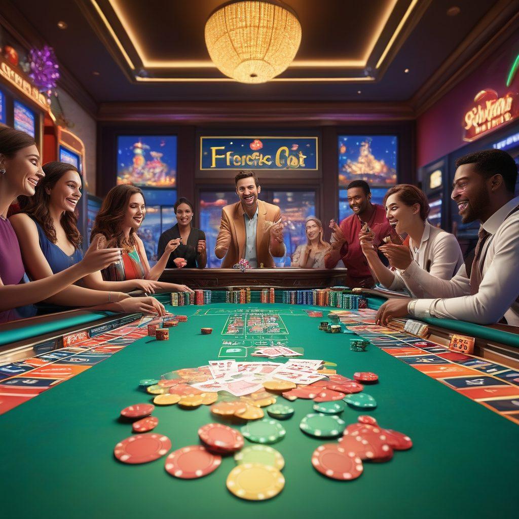 A dynamic scene of a vibrant and colorful rummy game setting, showcasing excited players at a table surrounded by stacks of chips and promotional banners. Incorporate elements of strategy like cards in hand and a thought bubble illustrating winning tactics. The background should be a lively casino atmosphere filled with colorful lights and decorations. super-realistic. vibrant colors. 3D.
