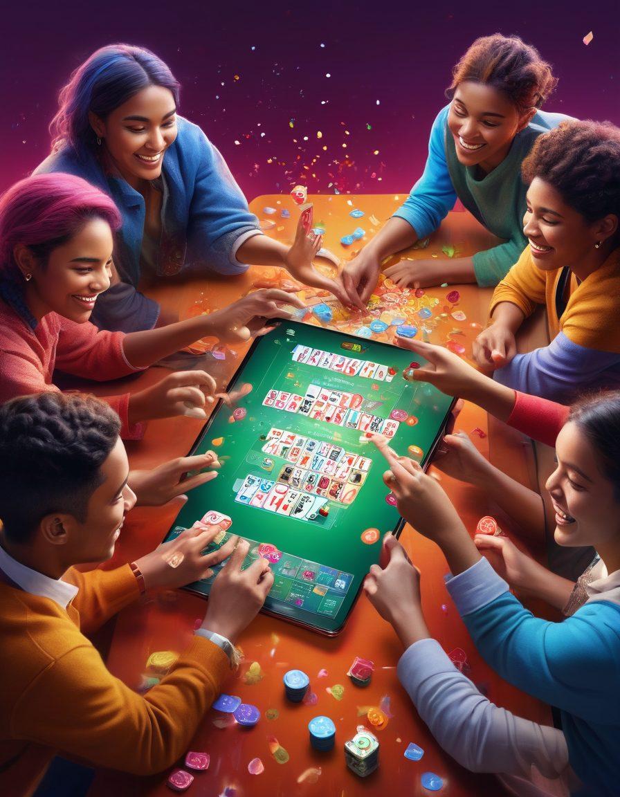 A vibrant illustration of a diverse group of people gathered around a mobile device displaying a colorful rummy game interface, with cards and chips scattered around. Above them, a banner with the words 'Join the Community' in bold text. The setting is lively, depicting online tournament excitement with digital confetti and glowing trophies in the background. super-realistic. vibrant colors. dynamic composition.